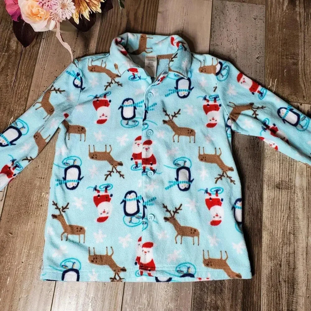 Gymboree Blue Winter Christmas Santa Penguin Reindeer Size 5/6 Fleece PJ Set
